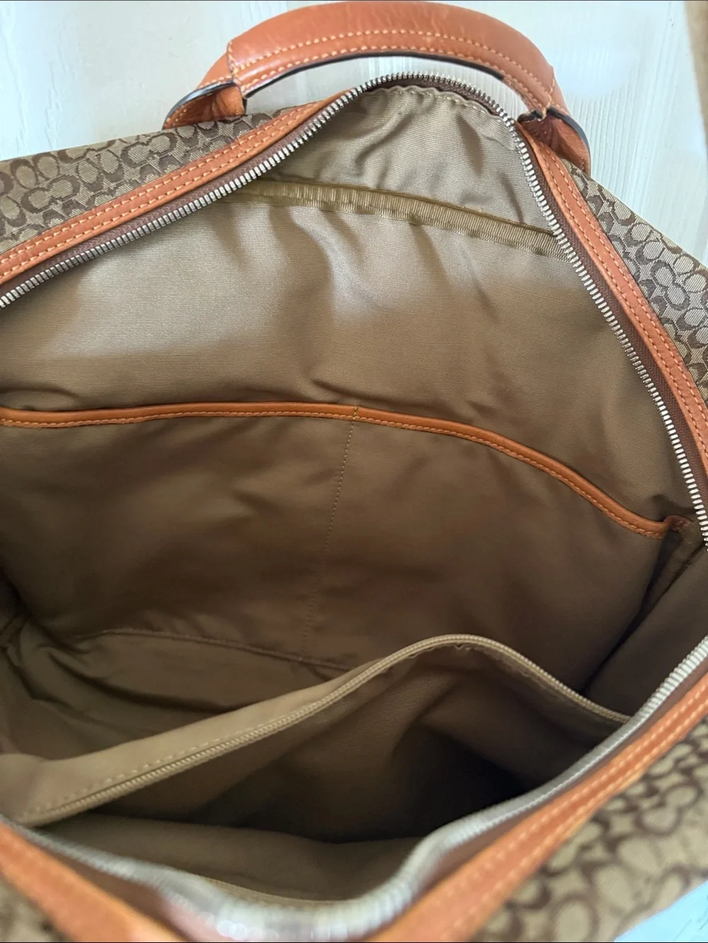 Large Coach Signature Canvas Briefcase with Tan Leather Trim